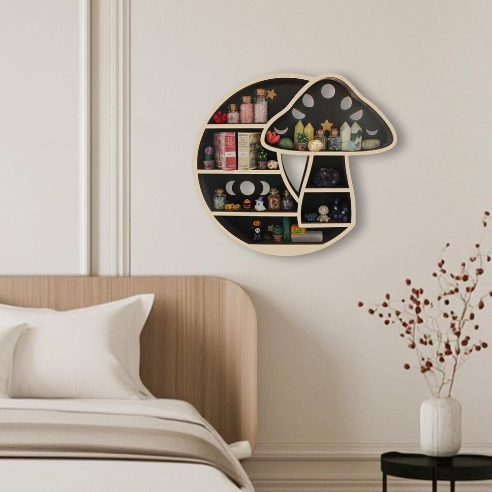 Cute Mushroom Decor, Wooden Mushroom Floating Shelves for Wall, Moon Shelf Wall - Picture 7 of 9